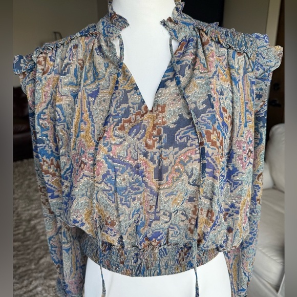 Elan Tops - Elan XS Long Sleeve Multicolor Blouse With Shoulder Ruffle, Cinched Waist